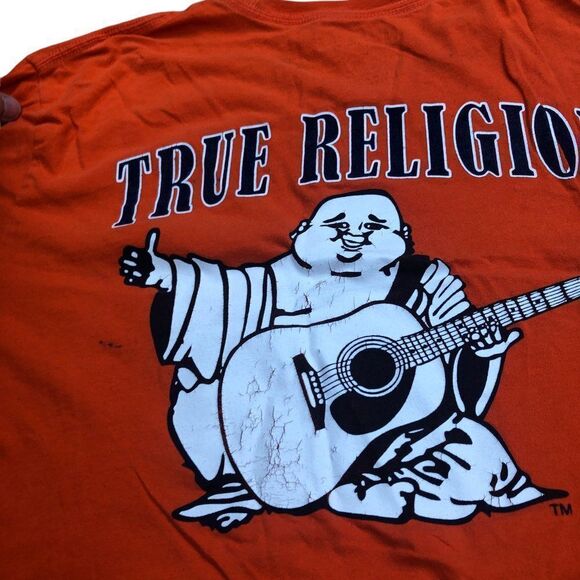 TRUE Religion T Shirt BUDDHA LOGO Shirt BIG LOGO Orange Large - Picture 10 of 12